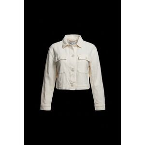 Zara Womens Cropped Denim Jacket Cream Off White Button Front Pockets Size Small